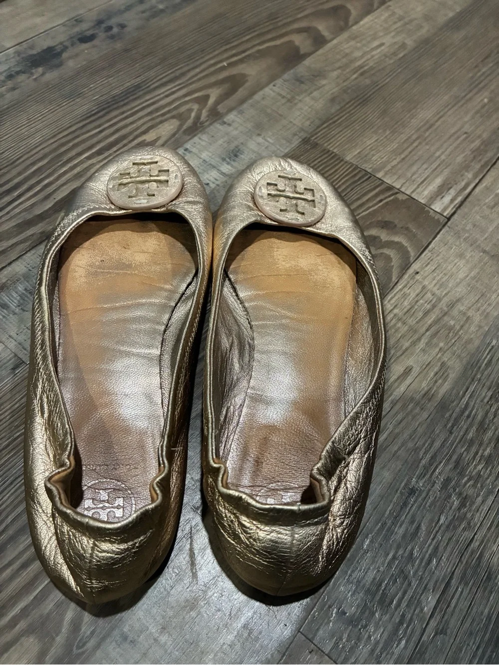 Tory Burch Metallic Gold Leather Logo Ballet Flats